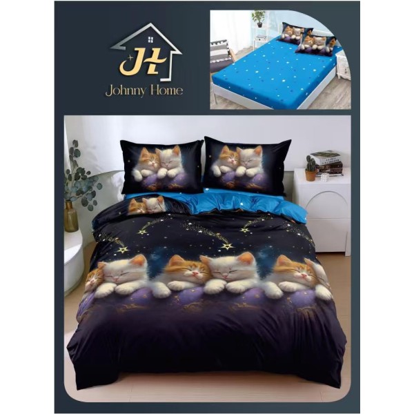 Lenjerie Pat Dublu Bumbac Satinat Superior 4 Piese cu Elastic – Model Pisicuțe Dormind Noapte Instelată, LDBSE-033