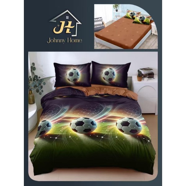 Lenjerie Pat Dublu Bumbac Satinat Superior 4 Piese cu Elastic – Model Minge Fotbal 3D Multicolor, LDBSE-034