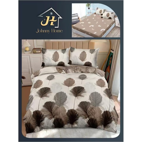 Lenjerie Pat Dublu Bumbac Satinat Superior 4 Piese cu Elastic – Model Frunze Bej Maro Elegant, LDBSE-038