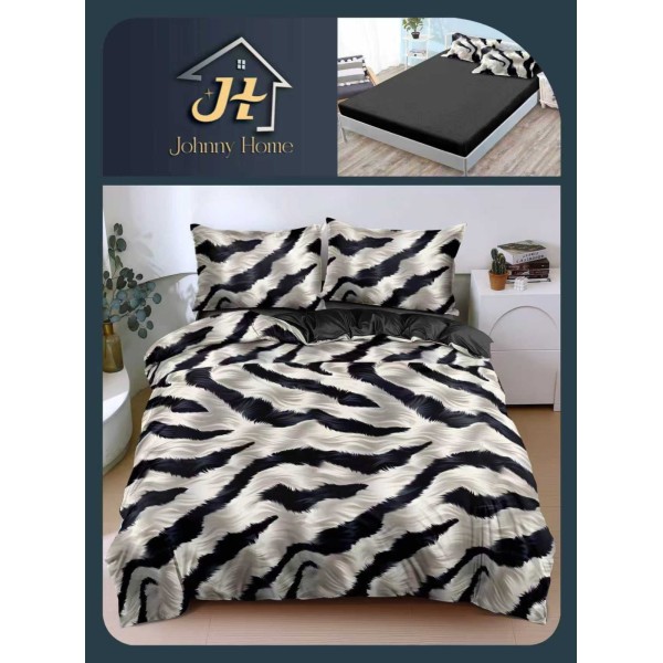 Lenjerie Pat Dublu Bumbac Satinat Superior 4 Piese cu Elastic – Model Animal Print Zebra Alb-Negru, LLE-008