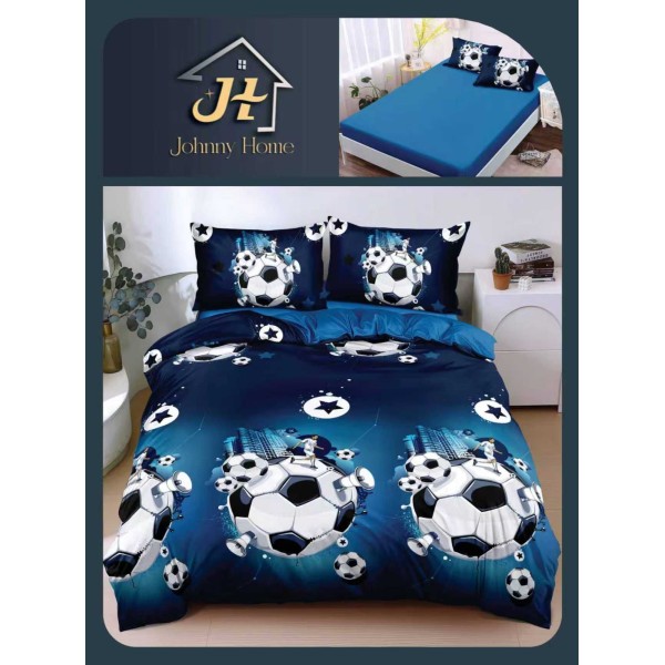 Lenjerie Pat Dublu Bumbac Satinat Superior 4 Piese cu Elastic – Model Fotbal Albastru, LLE-010