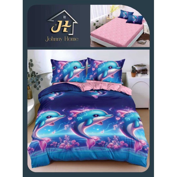Lenjerie Pat Dublu Bumbac Satinat Superior 4 Piese cu Elastic – Model Delfini Albastru-Roz, LLE-011