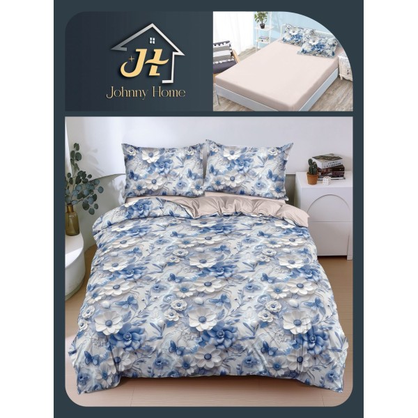 Lenjerie Pat Dublu Bumbac Satinat Superior 4 Piese cu Elastic – Model Floral Albastru Elegant, LLE-013