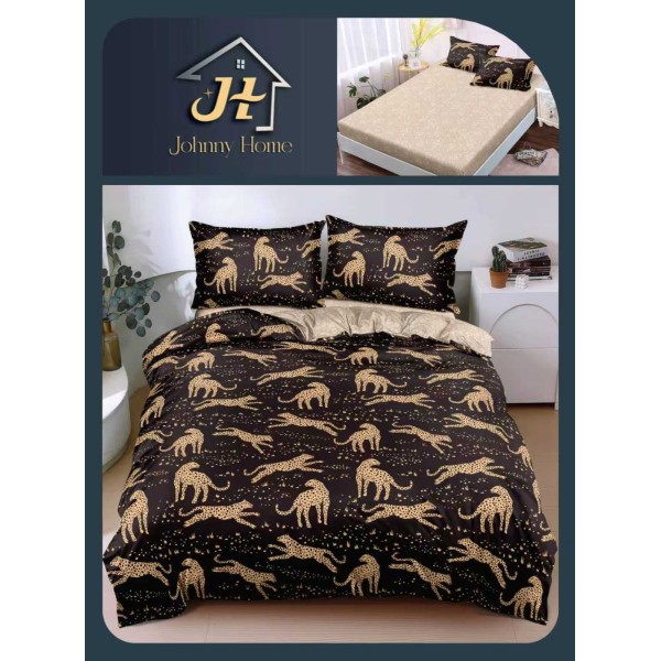 Lenjerie Pat Dublu Bumbac Satinat Superior 4 Piese cu Elastic – Model Leopard Elegant Negru cu Auriu, LLE-014