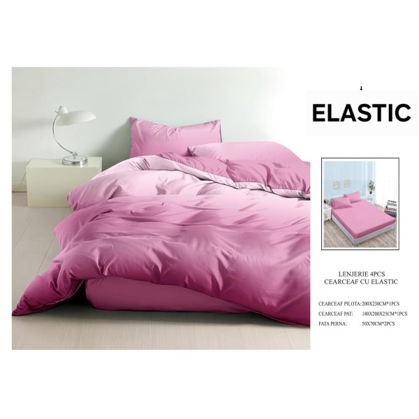 Set Lenjerie Pat Dublu Bumbac Satinat 4 Piese cu Cearșaf cu Elastic – Model Roz Intens Degrade, LES-005