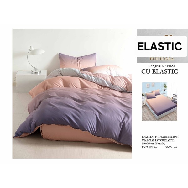 Set Lenjerie Pat Dublu Bumbac Satinat 4 Piese cu Cearșaf cu Elastic – Model Mov Lila și Roz Pudrat Degrade, LES-006