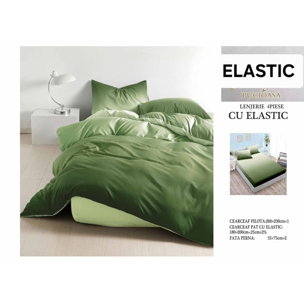 Set Lenjerie Pat Dublu Bumbac Satinat 4 Piese cu Cearșaf cu Elastic – Model Verde Degrade, LES-008