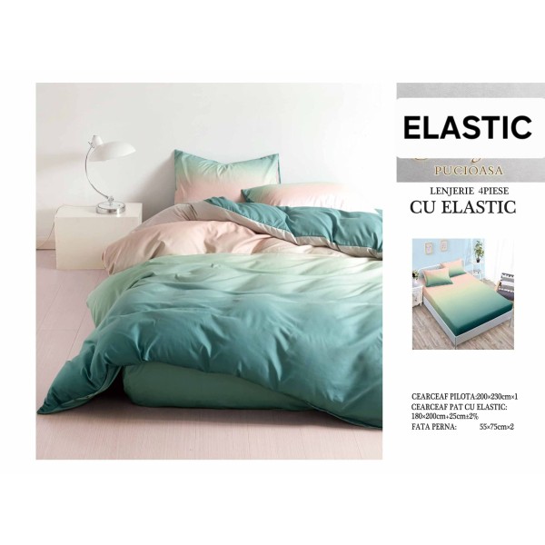 Set Lenjerie Pat Dublu Bumbac Satinat 4 Piese cu Cearșaf cu Elastic – Model Degrade Verde Mentă și Roz Pudrat, LES-010