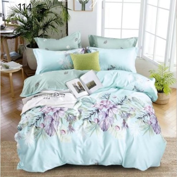 Lenjerie Pat Dublu Finet 6 Piese cu Cearșaf Normal – Model Bleu Deschis cu Imprimeu Floral Elegant, OLD-136
