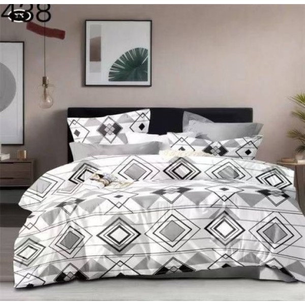 Lenjerie Pat Dublu Finet 6 Piese cu Cearșaf Normal – Model Alb Gri cu Imprimeu Geometric, OLD-033