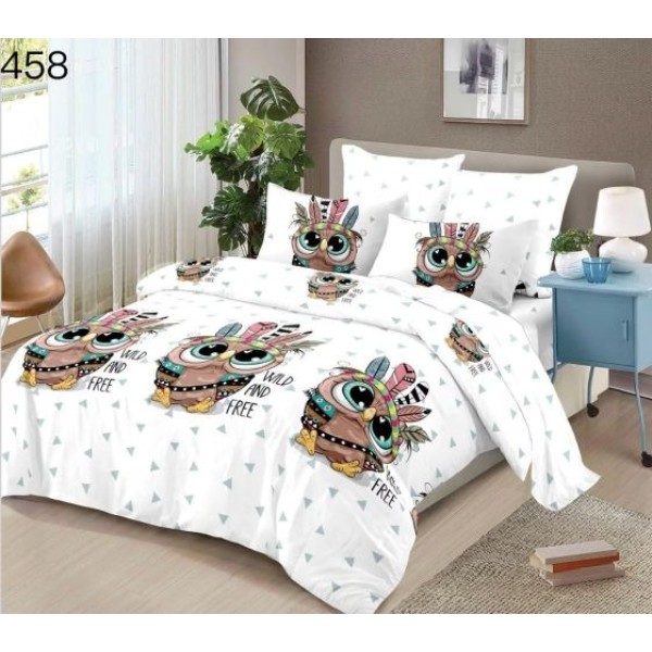 Lenjerie Pat Dublu Finet – Set 6 Piese cu Cearșaf Normal, Model Bufniță, OLD-022