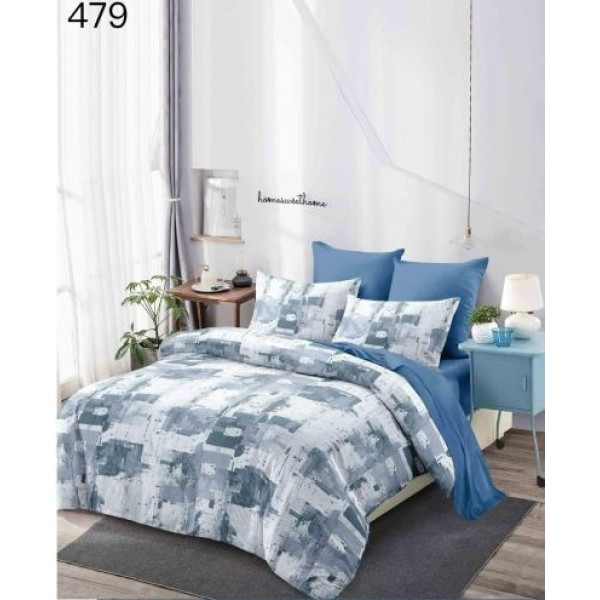 Lenjerie Pat Dublu Finet – Set 6 Piese cu Cearșaf Normal, Model Albastru Gri, OLD-001