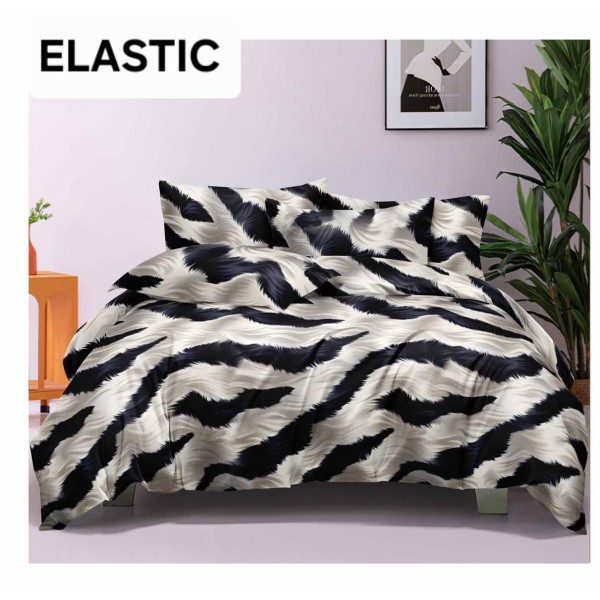 Set Lenjerie Bumbac Satinat 4 Piese Pat Dublu cu Cearșaf cu Elastic – Model Zebra Alb Negru, LDBS-070