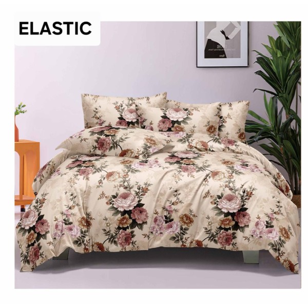 Set Lenjerie Pat Dublu Bumbac Satinat 4 Piese cu Cearșaf cu Elastic – Model Floral Bej cu Bujori și Trandafiri, LES-014