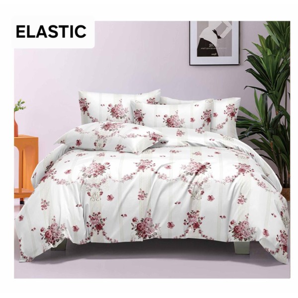 Set Lenjerie Pat Dublu Bumbac Satinat 4 Piese cu Cearșaf cu Elastic – Model Floral Alb cu Trandafiri Roz, LES-015