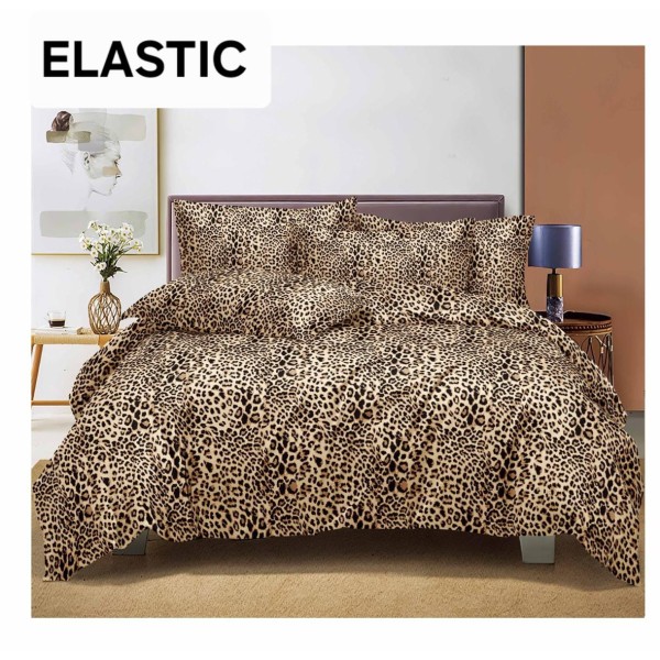 Set Lenjerie Pat Dublu Bumbac Satinat 4 Piese cu Cearșaf cu Elastic – Model Leopard Animal Print, LES-016