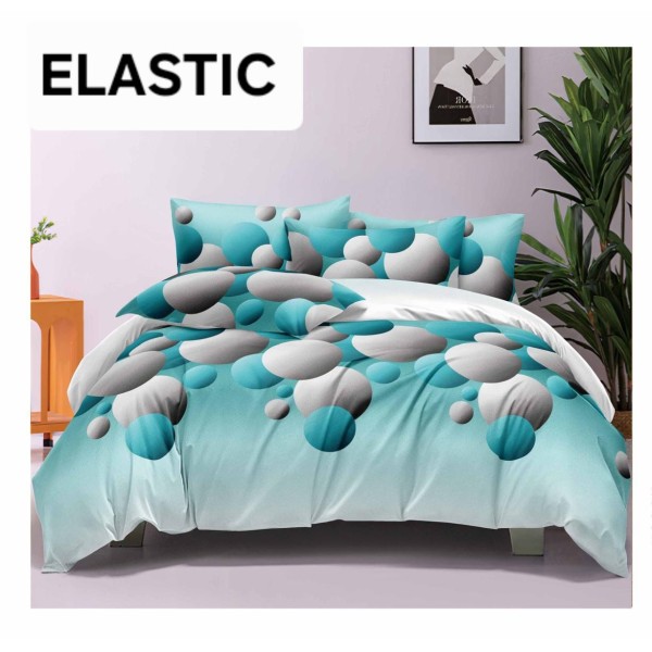 Set Lenjerie Pat Dublu Bumbac Satinat 4 Piese cu Cearșaf cu Elastic – Model Turcoaz cu Cercuri, LES-020