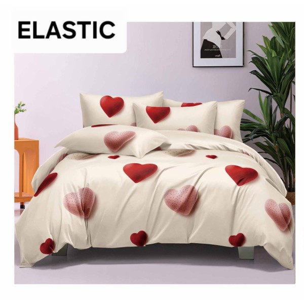 Set Lenjerie Pat Dublu Bumbac Satinat 4 Piese cu Cearșaf cu Elastic – Model Crem cu Inimioare Roșii și Roz, LES-022