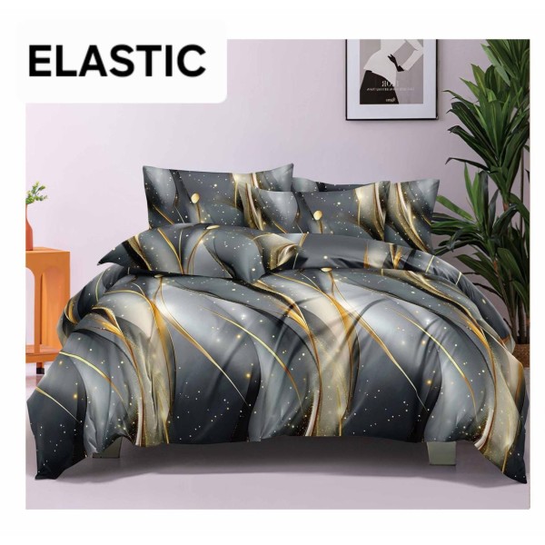 Set Lenjerie Pat Dublu Bumbac Satinat 4 Piese cu Cearșaf cu Elastic – Model Gri Negru cu Accente Aurii Abstracte, LES-023