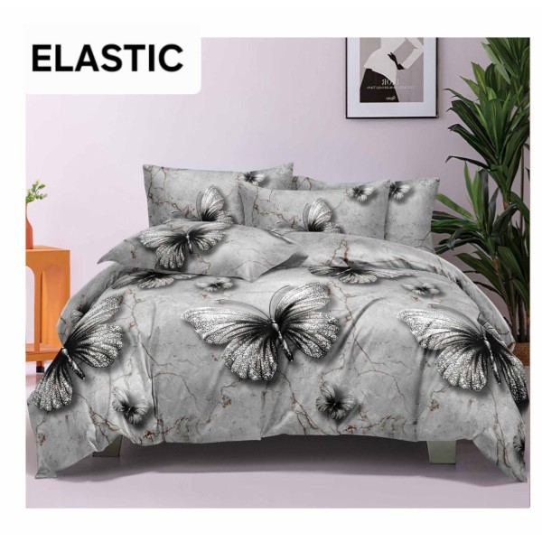 Set Lenjerie Pat Dublu Bumbac Satinat 4 Piese cu Cearșaf cu Elastic – Model Gri cu Fluturi, LES-024