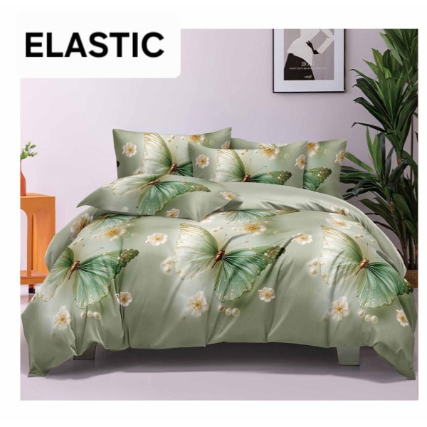 Set Lenjerie Pat Dublu Bumbac Satinat 4 Piese cu Cearșaf cu Elastic – Model Verde Mentă cu Fluturi și Flori, LES-025