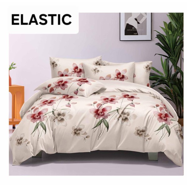 Set Lenjerie Pat Dublu Bumbac Satinat 4 Piese cu Cearșaf cu Elastic – Model Crem cu Flori Roz, LES-026