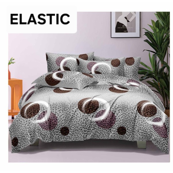 Set Lenjerie Pat Dublu Bumbac Satinat 4 Piese cu Cearșaf cu Elastic – Model Cercuri Moderne Gri cu Maro, LES-027 Set Lenjerie Pat Dublu Bumbac Satinat 4 Piese cu Cearșaf cu Elastic – Model Cercuri Moderne Gri cu Maro, LES-027