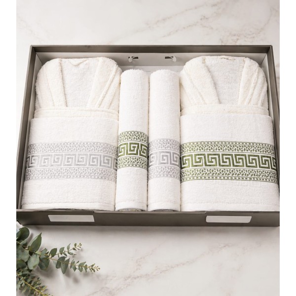 Set 6 Piese 2 Halate + 4 Prosoape, Verde și Gri Deschis, Model Brodat Elegant, HBC-004