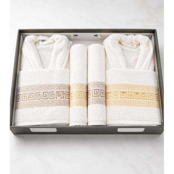 Set 6 Piese 2 Halate + 4 Prosoape, Bej și Galben, Model Brodat Elegant, HBC-005