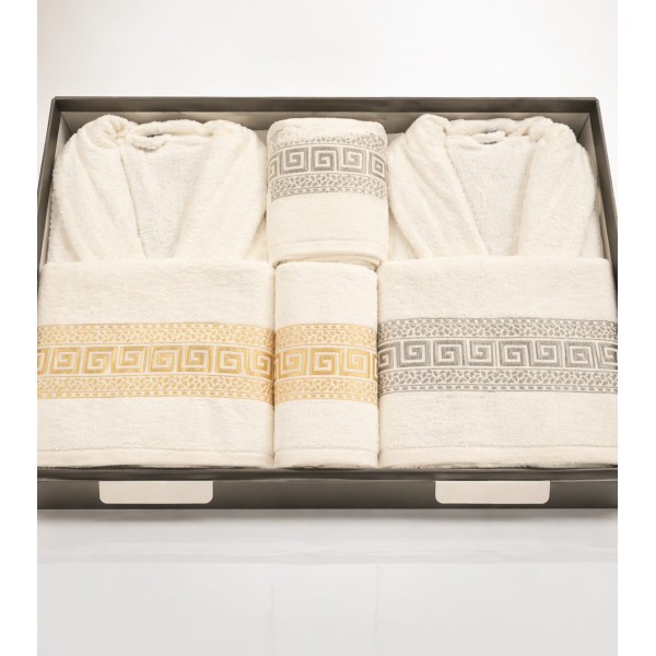 Set 6 Piese 2 Halate + 4 Prosoape, Galben si Gri, Model Brodat Elegant, HBC-006