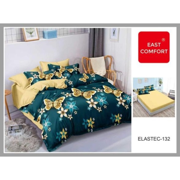 Set Lenjerie Pat Dublu Bumbac Finet 6 Piese cu Cearșaf cu Elastic – Model Fluturi Aurii și Flori, LDE-197