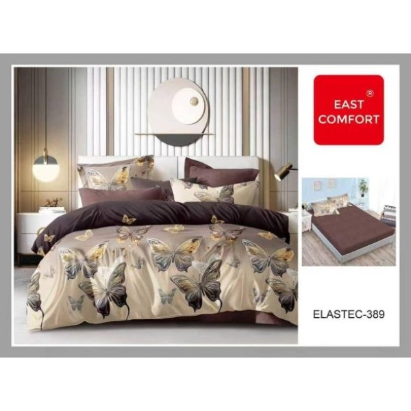 Set Lenjerie Pat Dublu Bumbac Finet 6 Piese cu Cearșaf cu Elastic – Model Fluturi Eleganți Bej-Maro, LDE-194