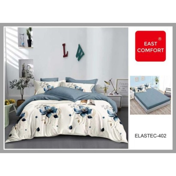 Set Lenjerie Pat Dublu Bumbac Finet 6 Piese cu Cearșaf cu Elastic – Model Floral Albastru, LDE-068