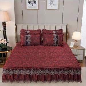 Cuvertură Pat Dublu din Catifea cu Dantelă 3 Piese – 230x250 cm + 2 Fețe de Pernă, Model Bordo, CCB-001