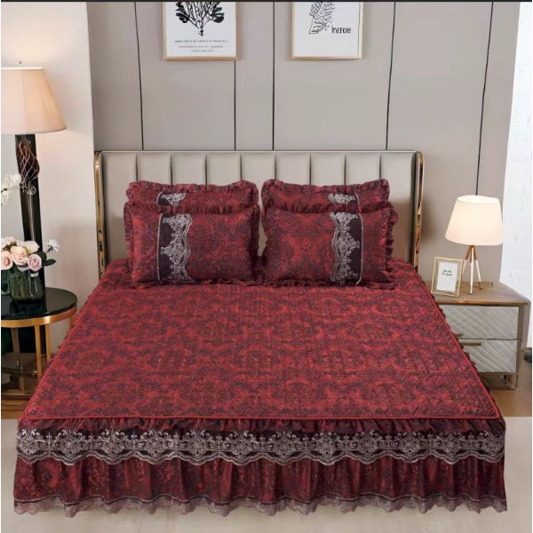 Cuvertură Pat Dublu din Catifea cu Dantelă 3 Piese – 230x250 cm + 2 Fețe de Pernă, Model Bordo, CCB-001