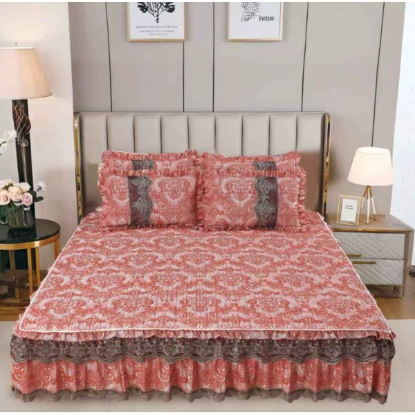 Cuvertură Pat Dublu din Catifea cu Dantelă 3 Piese – 230x250 cm + 2 Fețe de Pernă, Model Roz, CCB-004