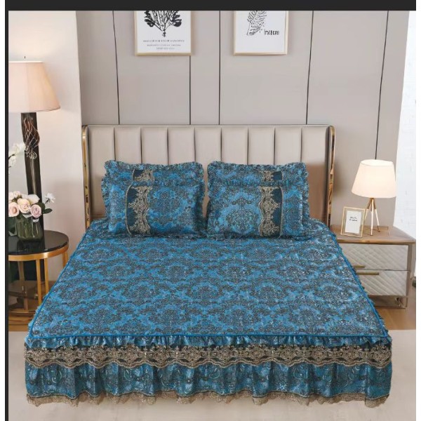 Cuvertură Pat Dublu din Catifea cu Dantelă 3 Piese – 230x250 cm + 2 Fețe de Pernă, Model Albastru, CCB-005