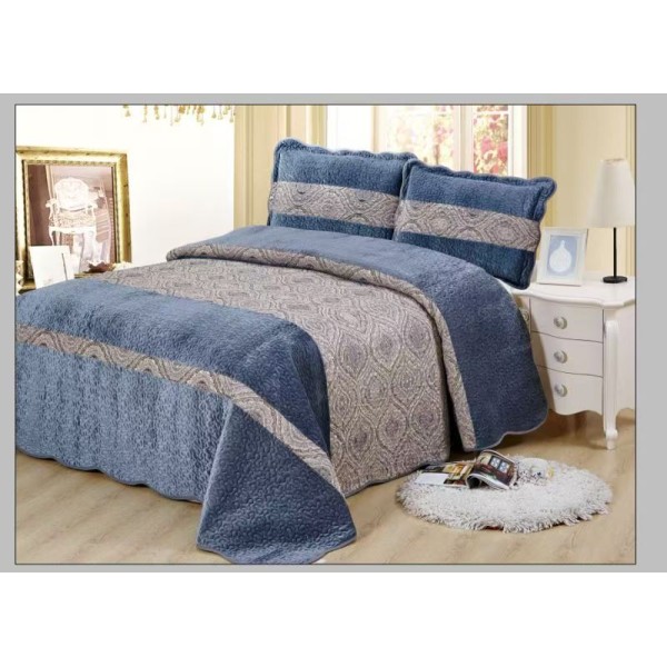 Cuvertură Pat Dublu 3 Piese din Catifea Matlasată – 230x250 cm + 2 Fețe de Pernă, Model Albastru, CMM-004