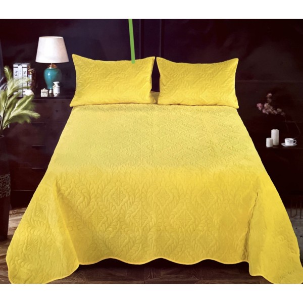 Cuvertură Pat Dublu 3 Piese din Catifea Matlasată – 220x240 cm + 2 Fețe de Pernă 54x75 cm, Model Galben, CCV-059