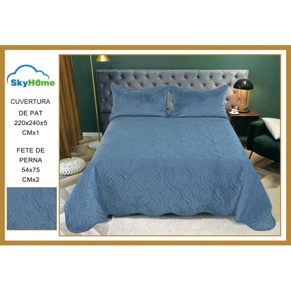 Cuvertură Pat Dublu 3 Piese din Catifea Matlasată – 220x240 cm + 2 Fețe de Pernă 54x75 cm, Model Albastru, CCV-090