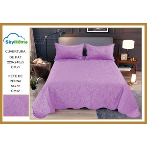 Cuvertură Pat Dublu 3 Piese din Catifea Matlasată – 220x240 cm + 2 Fețe de Pernă 54x75 cm, Model Lila, CSV 027
