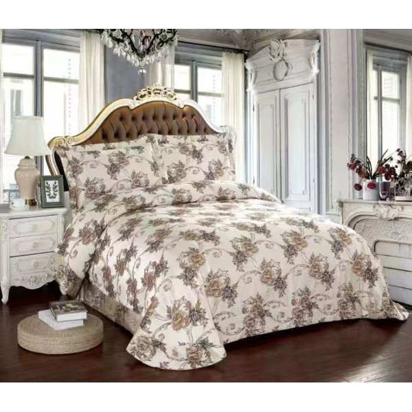 Cuvertură Pat Dublu 3 Piese din Catifea Matlasată – 250x250 cm + 2 Fețe de Pernă 60x80 cm, Model Floral Bej, CMM-009