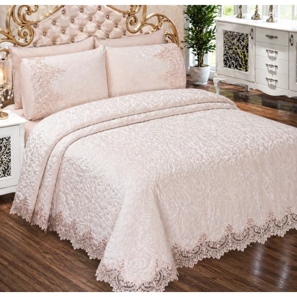 Set Cuvertură de Lux Matlasată cu Dantelă Elegantă 6 Piese – Pat Dublu, Roz Pudrat Deschis, CME-009