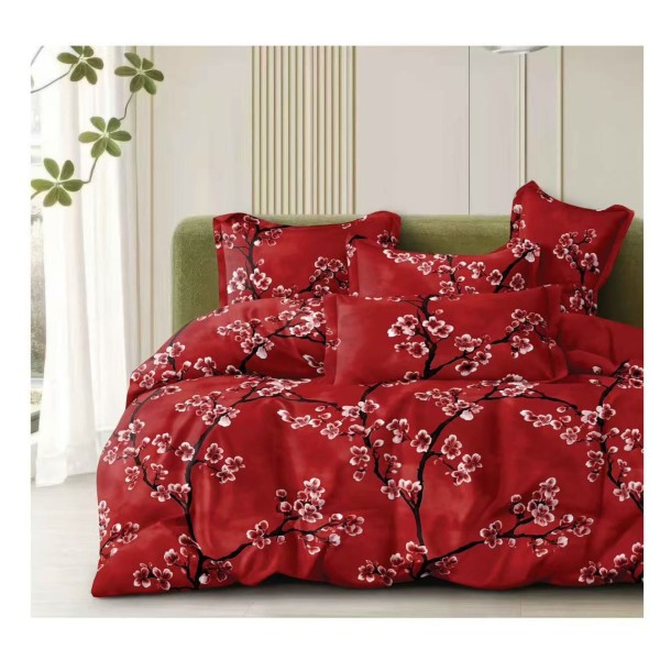 Lenjerie de Pat Dublu 4 Piese Bumbac Satinat Superior – Model Floral Roșu cu Flori de Cireș, LES-031