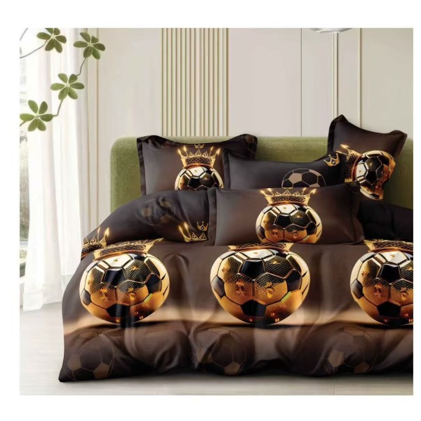 Lenjerie de Pat Dublu 4 Piese Bumbac Satinat Superior – Model Minge de Fotbal Gold pe Negru, LES-032