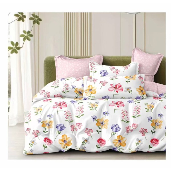 Lenjerie de Pat Dublu 4 Piese Bumbac Satinat Superior – Model Floral Multicolor cu Roz Pudrat, LES-033