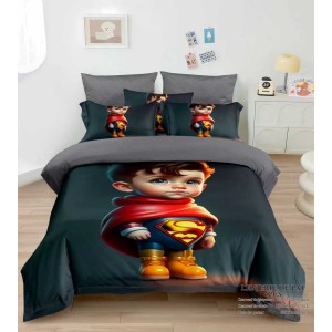 Lenjerie de Pat Dublu Finet 4 Piese cu Cearșaf Elastic – Model Super Erou pentru Copii, LCC-076