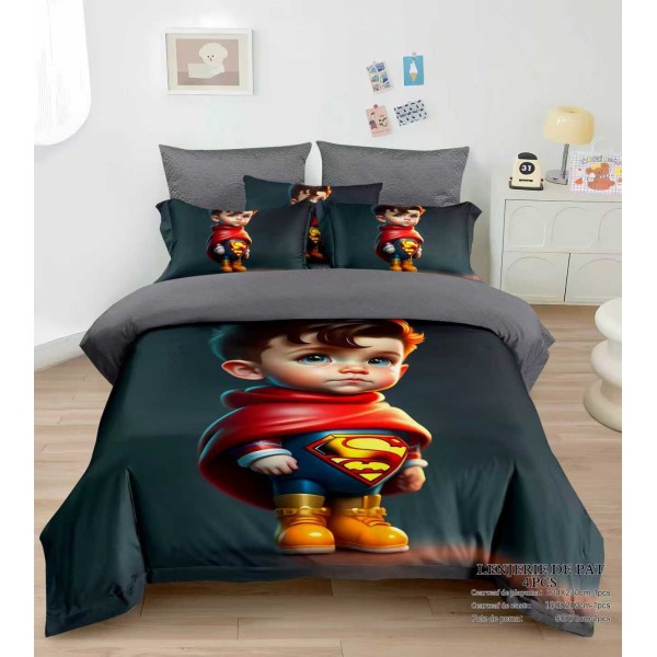 Lenjerie de Pat Dublu Finet 4 Piese cu Cearșaf Elastic – Model Super Erou pentru Copii, LCC-076