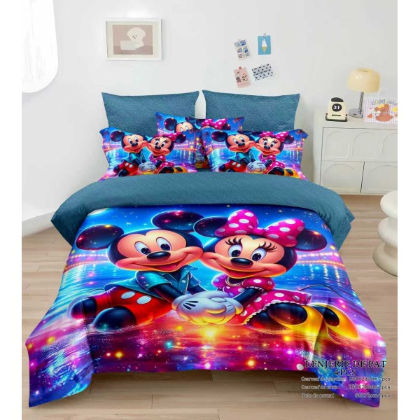 Lenjerie de Pat Dublu Finet 4 Piese cu Cearșaf Elastic – Model Mickey și Minnie Multicolor, LCC-077 Lenjerie de Pat Dublu Finet 4 Piese cu Cearșaf Elastic – Model Mickey și Minnie Multicolor, LCC-077
