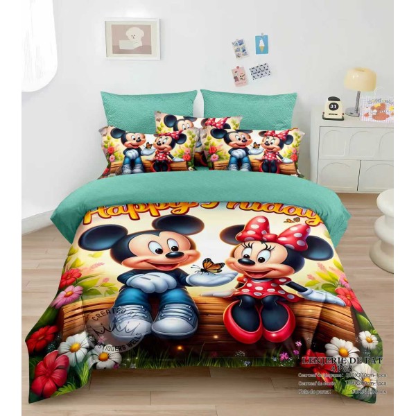 Lenjerie de Pat Dublu Finet 4 Piese cu Cearșaf Elastic – Model Mickey & Minnie Happy Day, LCC-079 Lenjerie de Pat Dublu Finet 4 Piese cu Cearșaf Elastic – Model Mickey & Minnie Happy Day, LCC-079